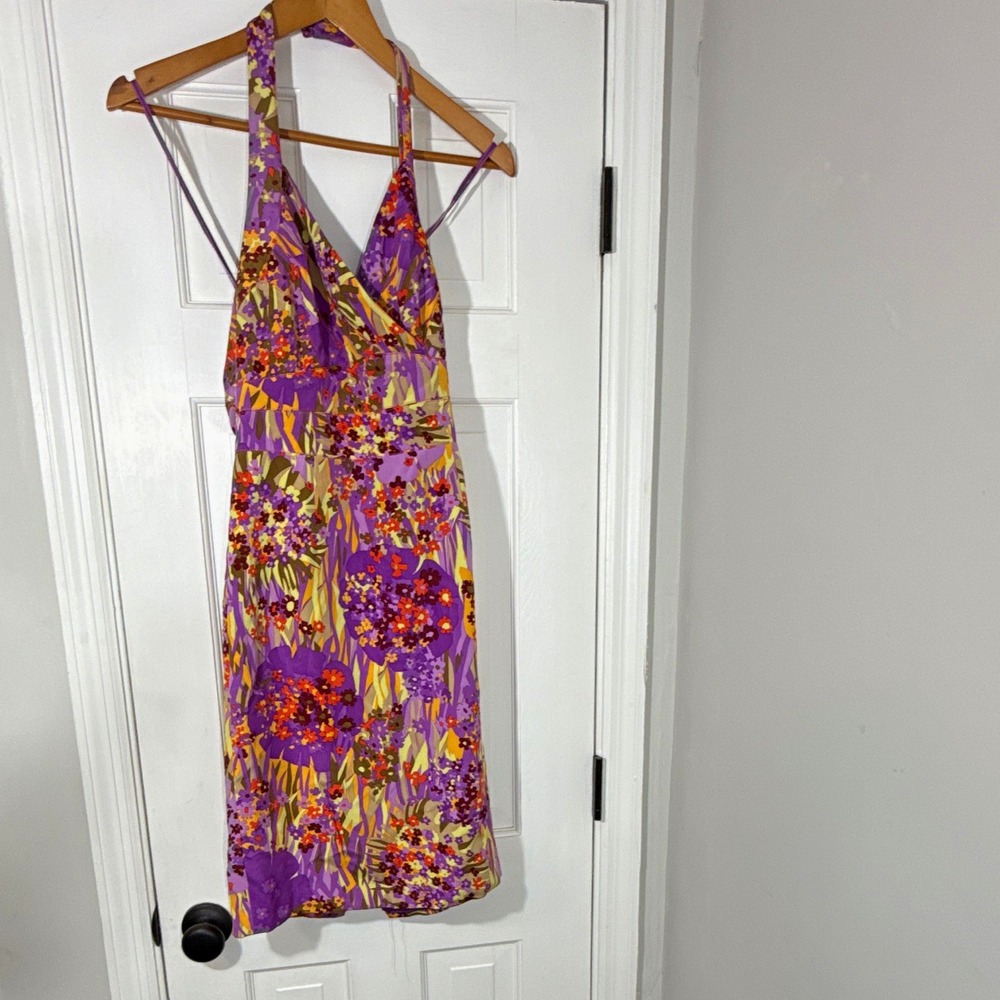 Kay Unger New York Purple Floral V-Neck Halter Sheath Dress 6